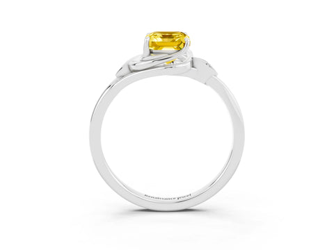 White gold Emerald Cut Yellow Sapphire Solitaire Ring with Twist Band and Four-Prong Setting_39