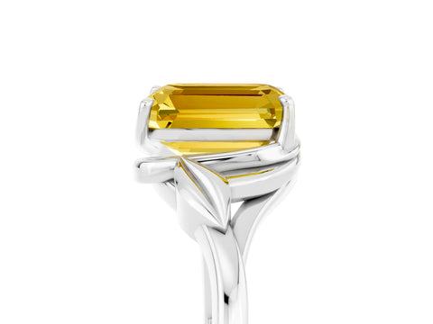 White gold Emerald Cut Yellow Sapphire Solitaire Ring with Twist Band and Four-Prong Setting_41