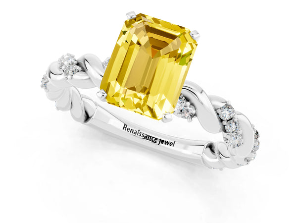 Platinum Emerald Cut Yellow Sapphire Solitaire Ring with Twisted Band and Pavé Accents