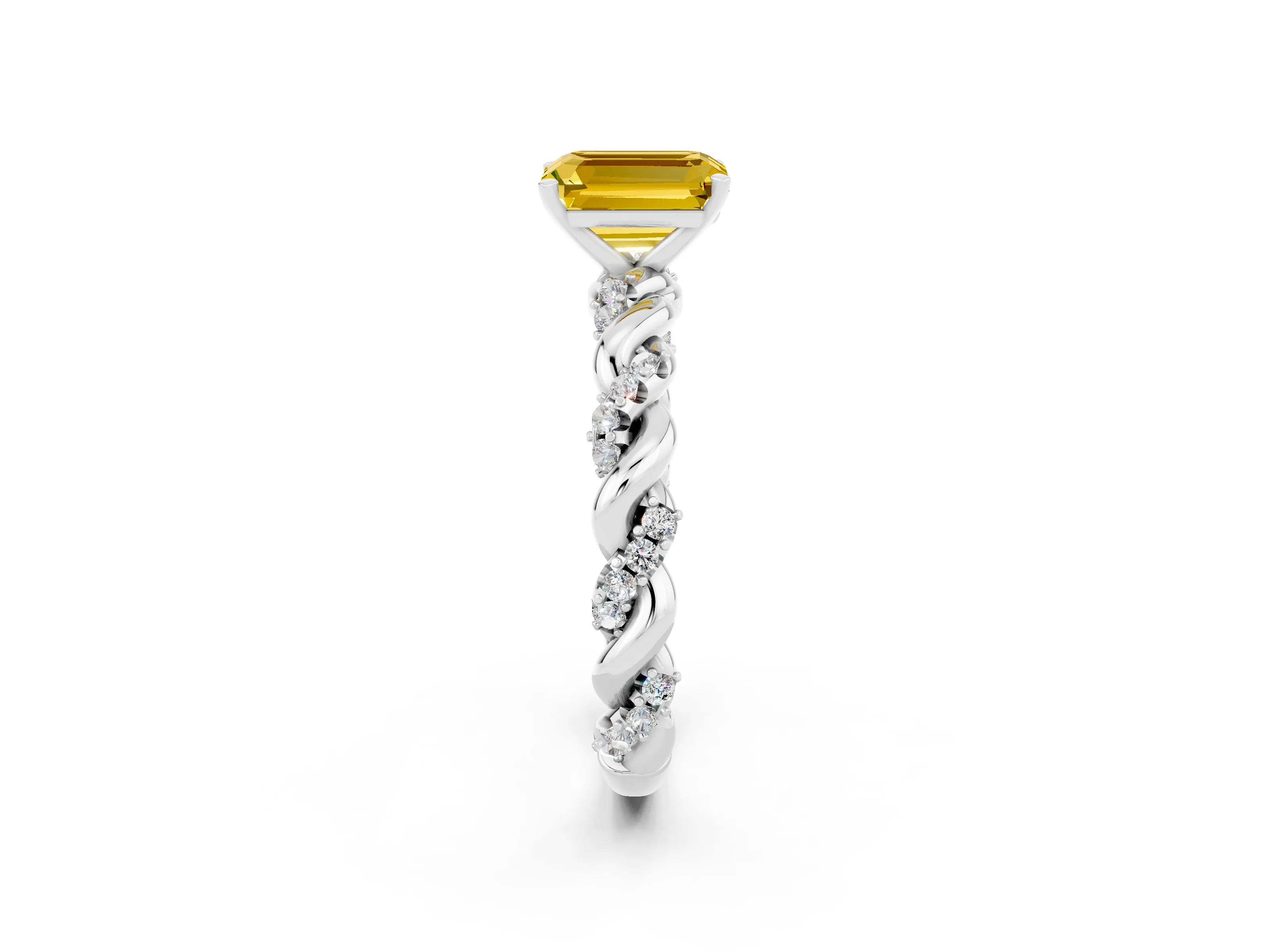 White gold Emerald Cut Yellow Sapphire Solitaire Ring with Twisted Band and Pavé Accents_2