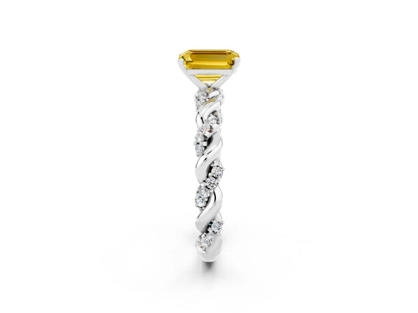 White gold Emerald Cut Yellow Sapphire Solitaire Ring with Twisted Band and Pavé Accents