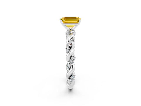White gold Emerald Cut Yellow Sapphire Solitaire Ring with Twisted Band and Pavé Accents_2