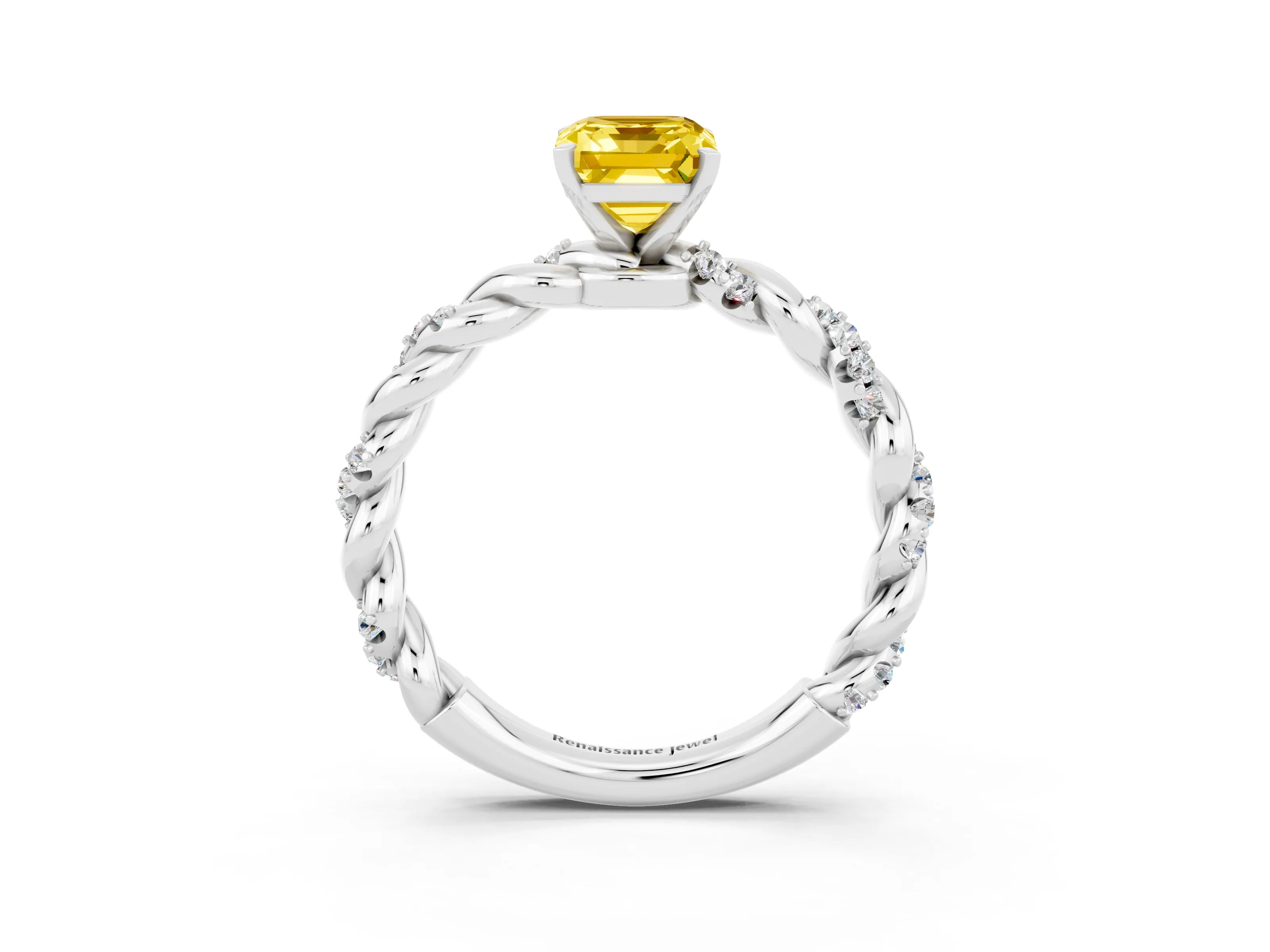 White gold Emerald Cut Yellow Sapphire Solitaire Ring with Twisted Band and Pavé Accents_3