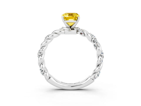 White gold Emerald Cut Yellow Sapphire Solitaire Ring with Twisted Band and Pavé Accents_3