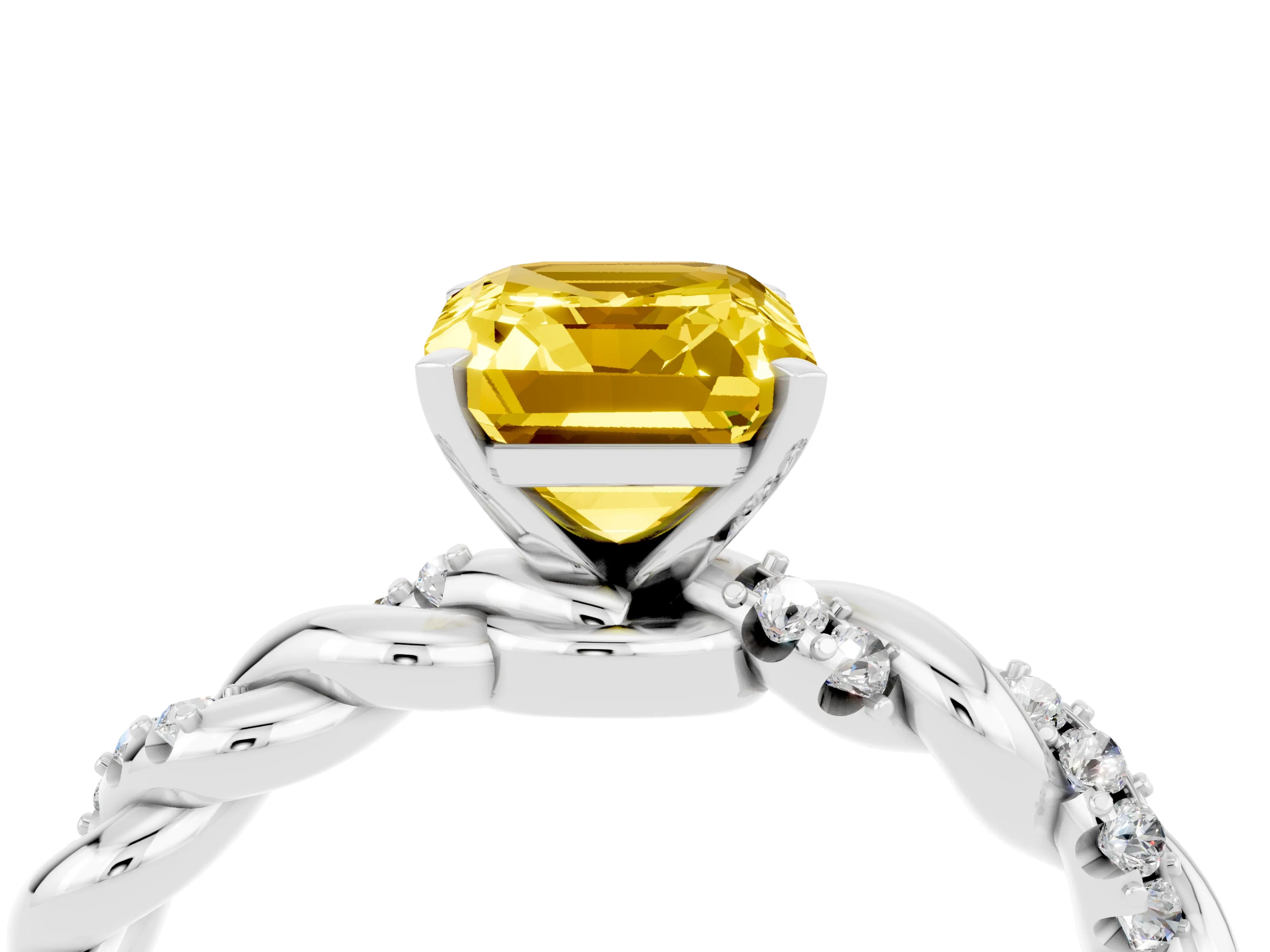 White gold Emerald Cut Yellow Sapphire Solitaire Ring with Twisted Band and Pavé Accents_4