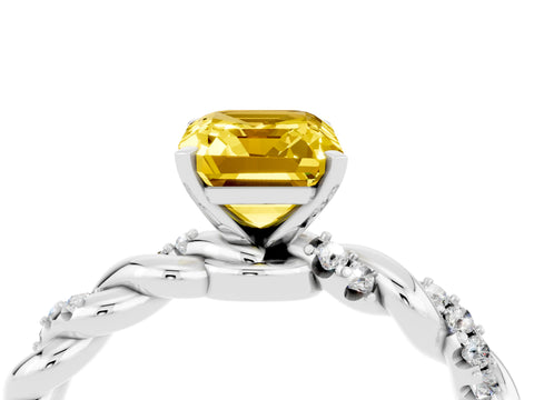 White gold Emerald Cut Yellow Sapphire Solitaire Ring with Twisted Band and Pavé Accents_4