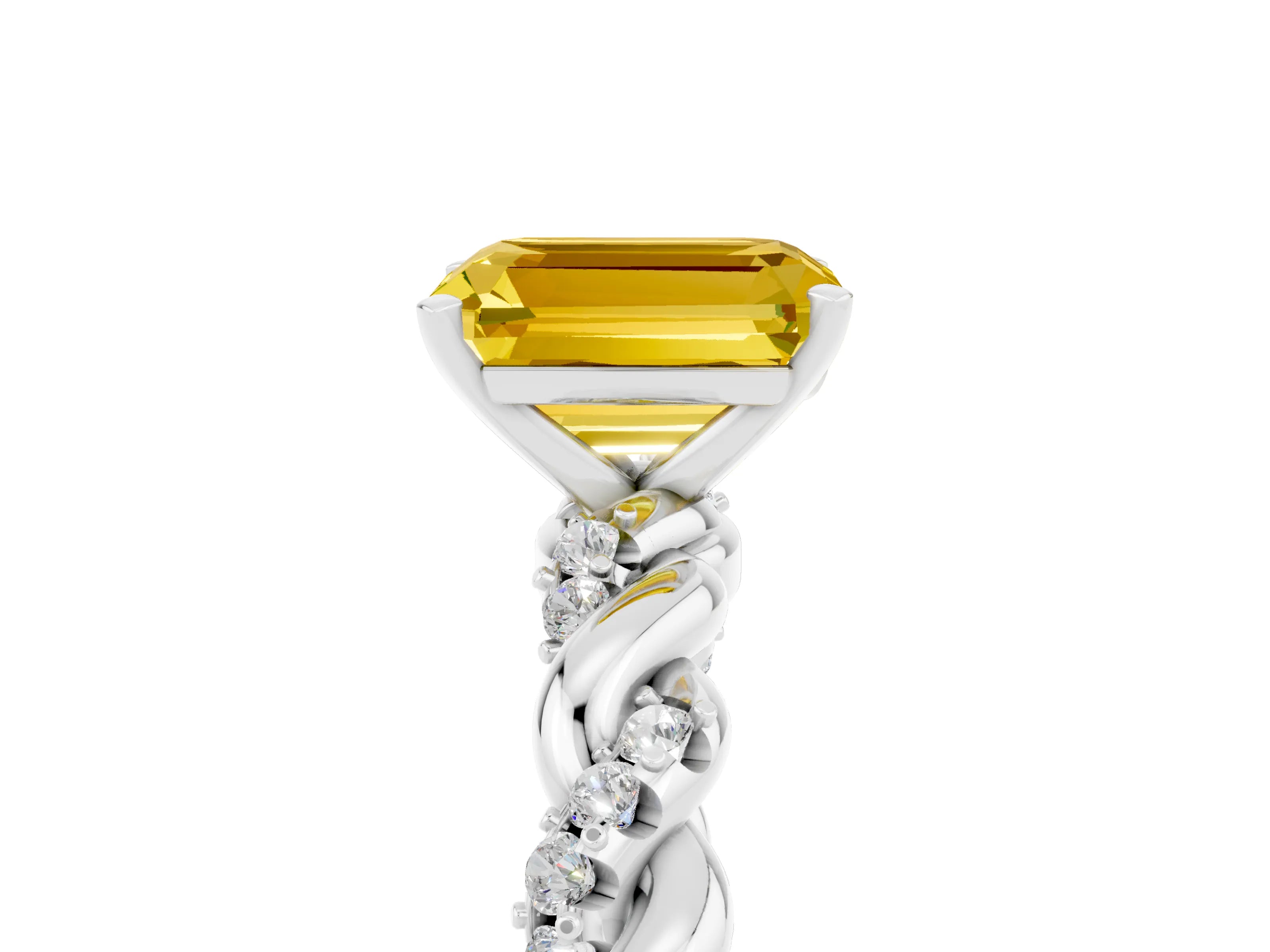 White gold Emerald Cut Yellow Sapphire Solitaire Ring with Twisted Band and Pavé Accents_5