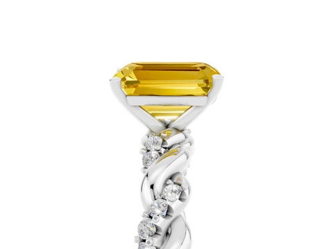 White gold Emerald Cut Yellow Sapphire Solitaire Ring with Twisted Band and Pavé Accents_5