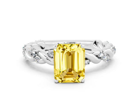 White gold Emerald Cut Yellow Sapphire Solitaire Ring with Twisted Band and Pavé Accents