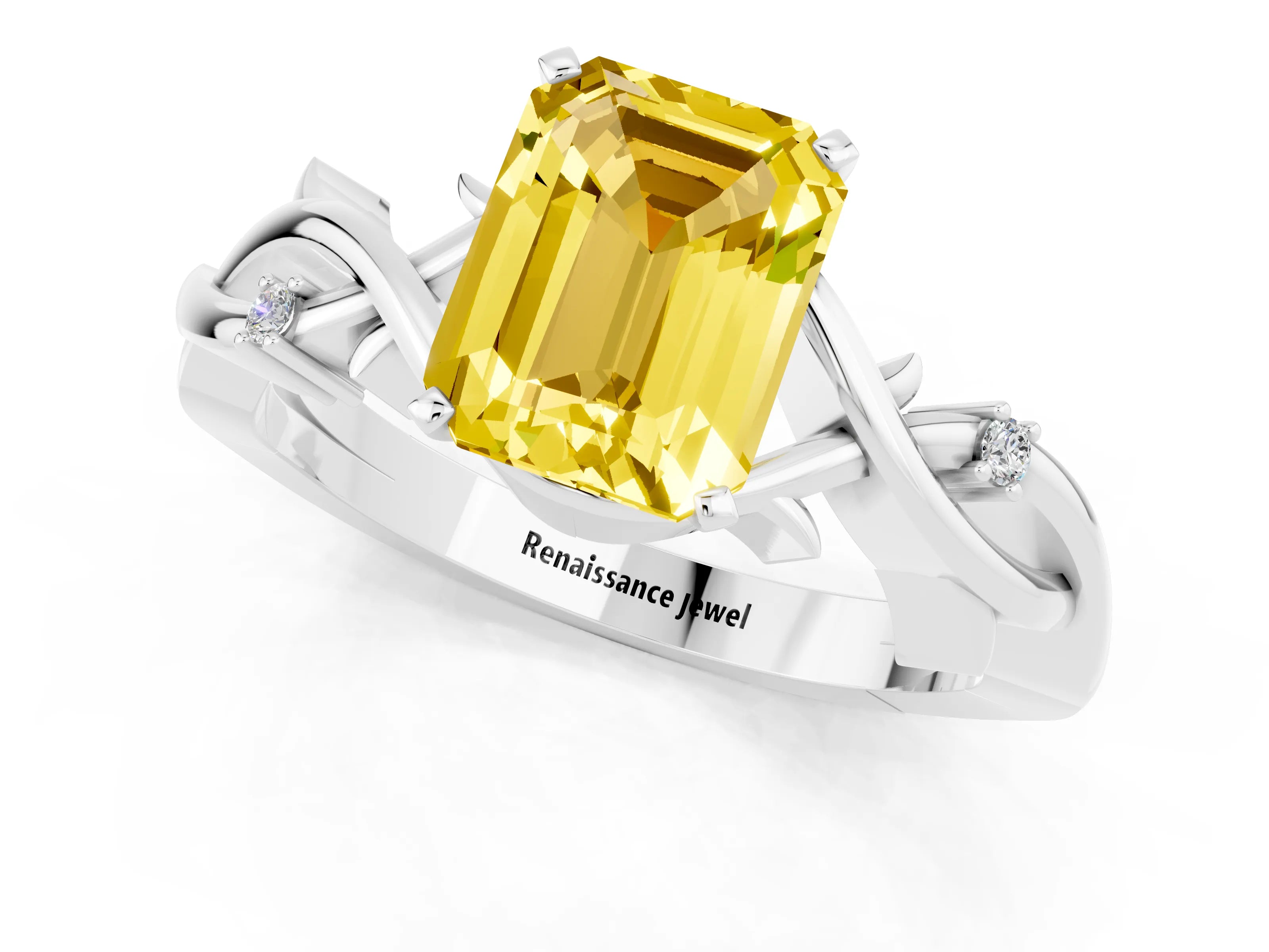 White gold Emerald Cut Yellow Sapphire Solitaire Ring with Twisted Band and Prong Setting_1