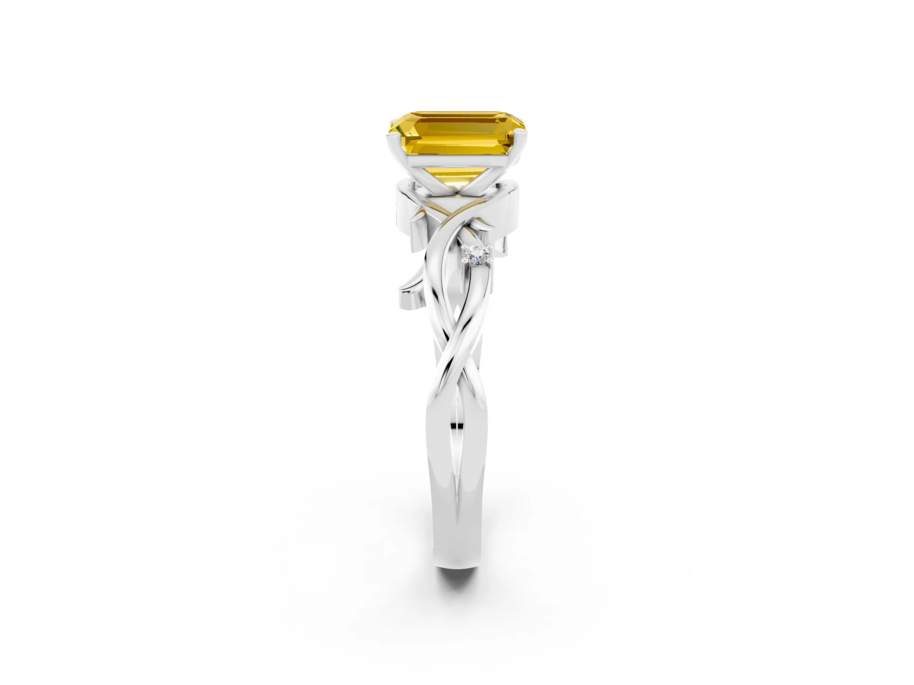 White gold Emerald Cut Yellow Sapphire Solitaire Ring with Twisted Band and Prong Setting_14