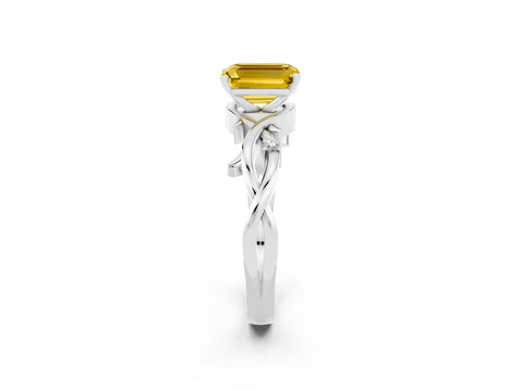 White gold Emerald Cut Yellow Sapphire Solitaire Ring with Twisted Band and Prong Setting_14