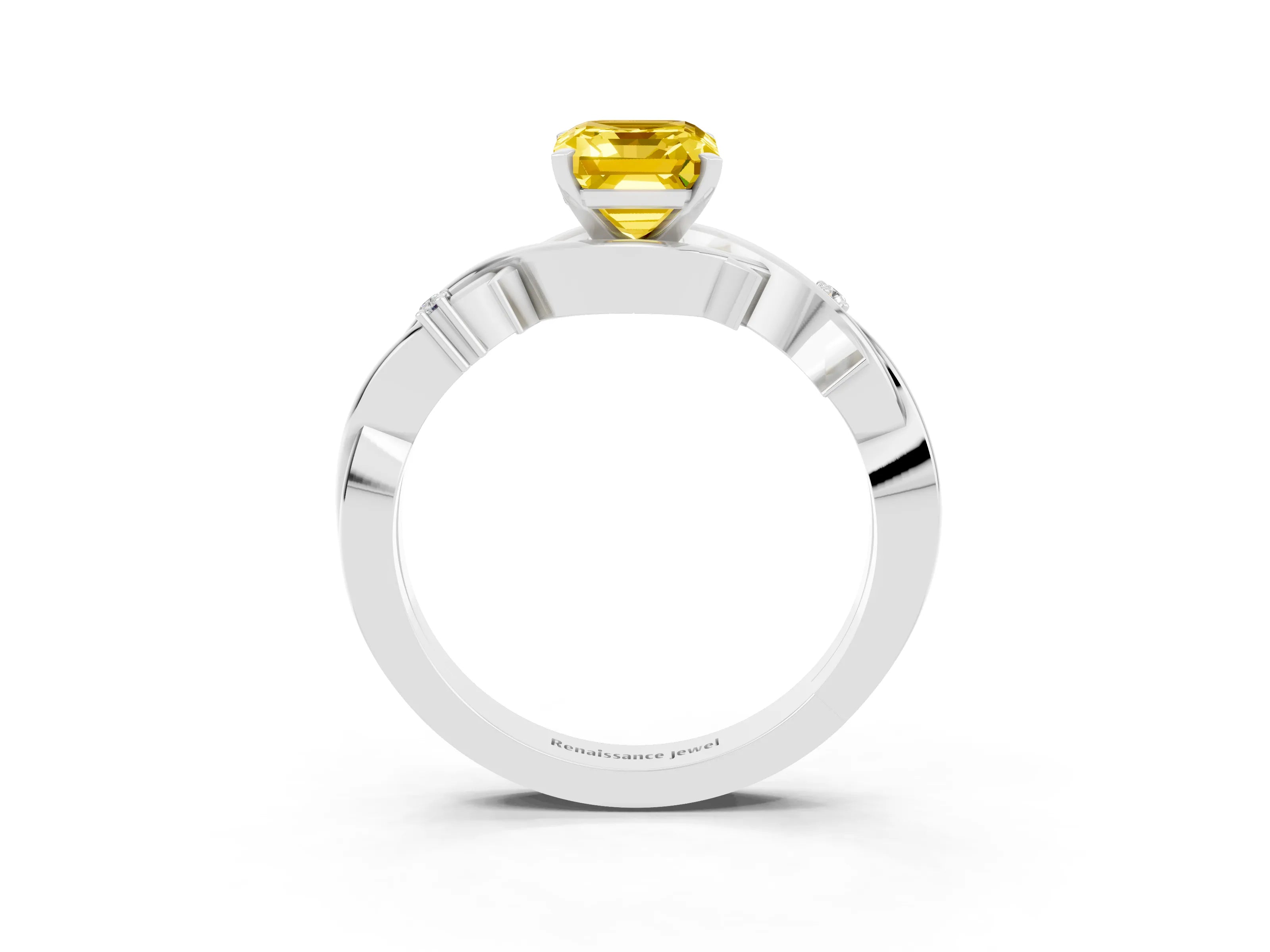 White gold Emerald Cut Yellow Sapphire Solitaire Ring with Twisted Band and Prong Setting_15