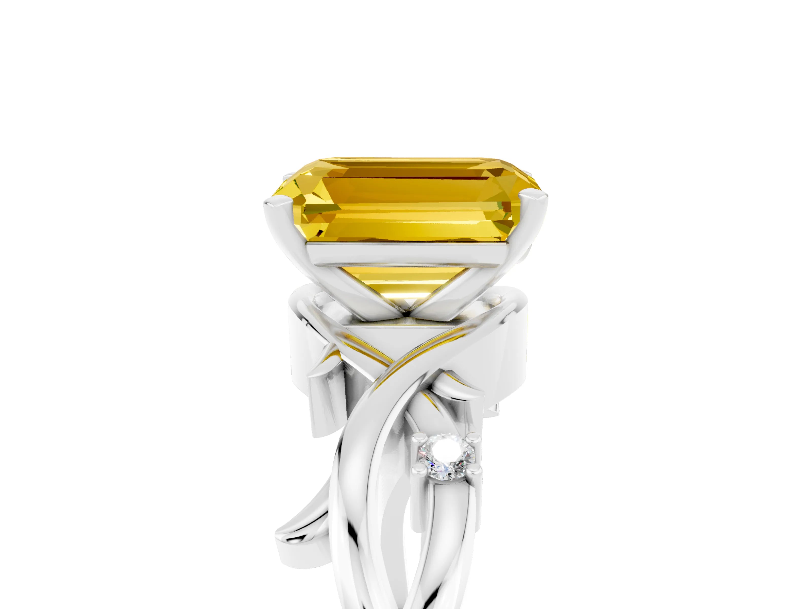 White gold Emerald Cut Yellow Sapphire Solitaire Ring with Twisted Band and Prong Setting_17