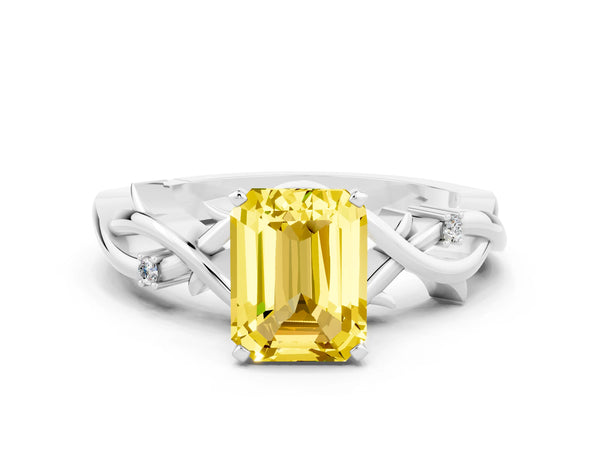 Silver Emerald Cut Yellow Sapphire Solitaire Ring with Twisted Band and Prong Setting