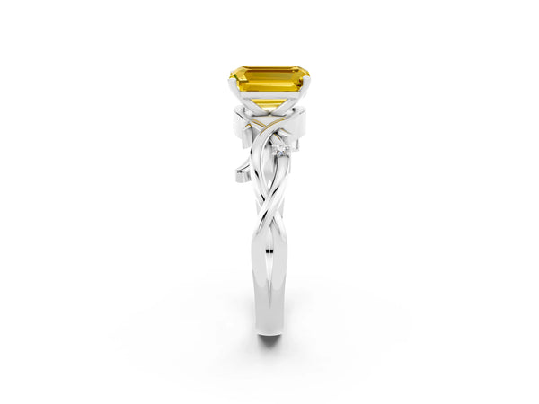 Silver Emerald Cut Yellow Sapphire Solitaire Ring with Twisted Band and Prong Setting