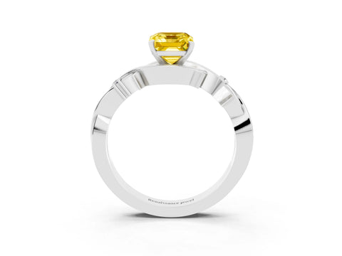White gold Emerald Cut Yellow Sapphire Solitaire Ring with Twisted Band and Prong Setting_3