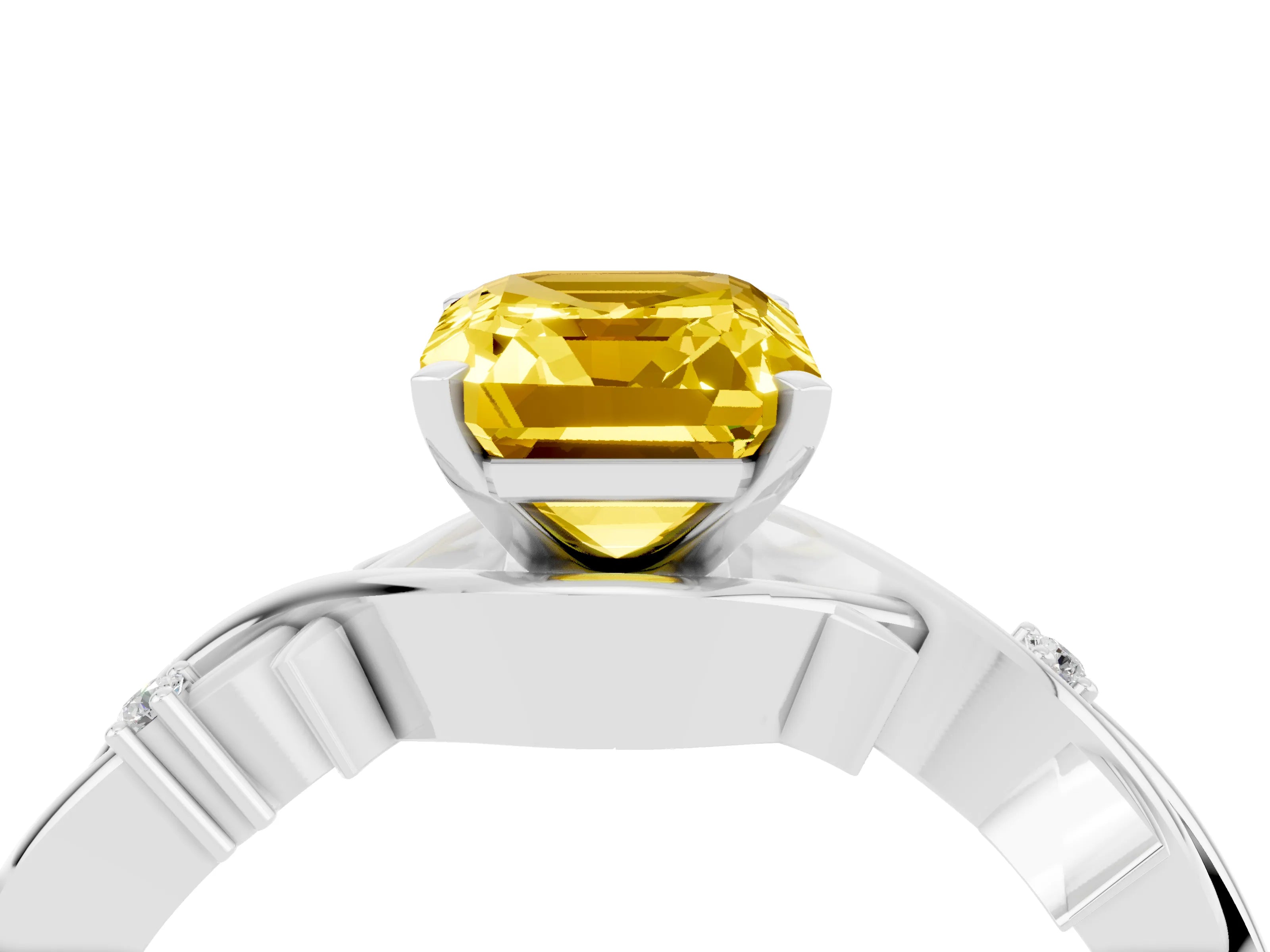 White gold Emerald Cut Yellow Sapphire Solitaire Ring with Twisted Band and Prong Setting_4