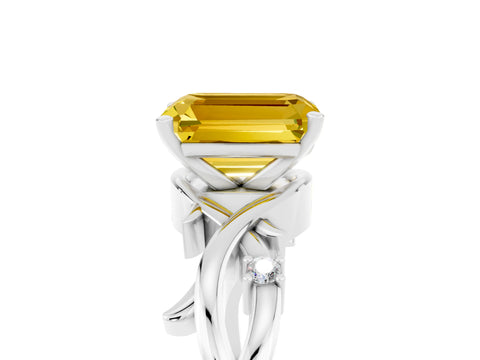 White gold Emerald Cut Yellow Sapphire Solitaire Ring with Twisted Band and Prong Setting_5