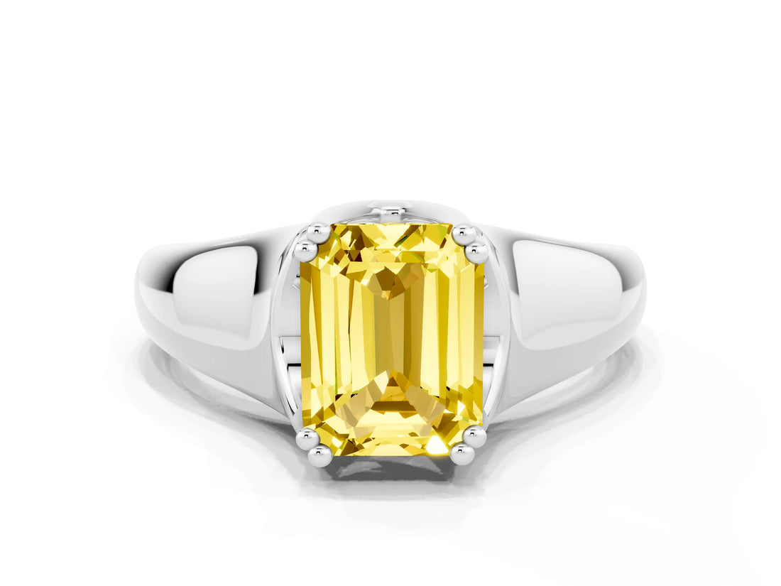 White gold Emerald Cut Yellow Sapphire Solitaire Ring with Wide Band and Prong Setting_24