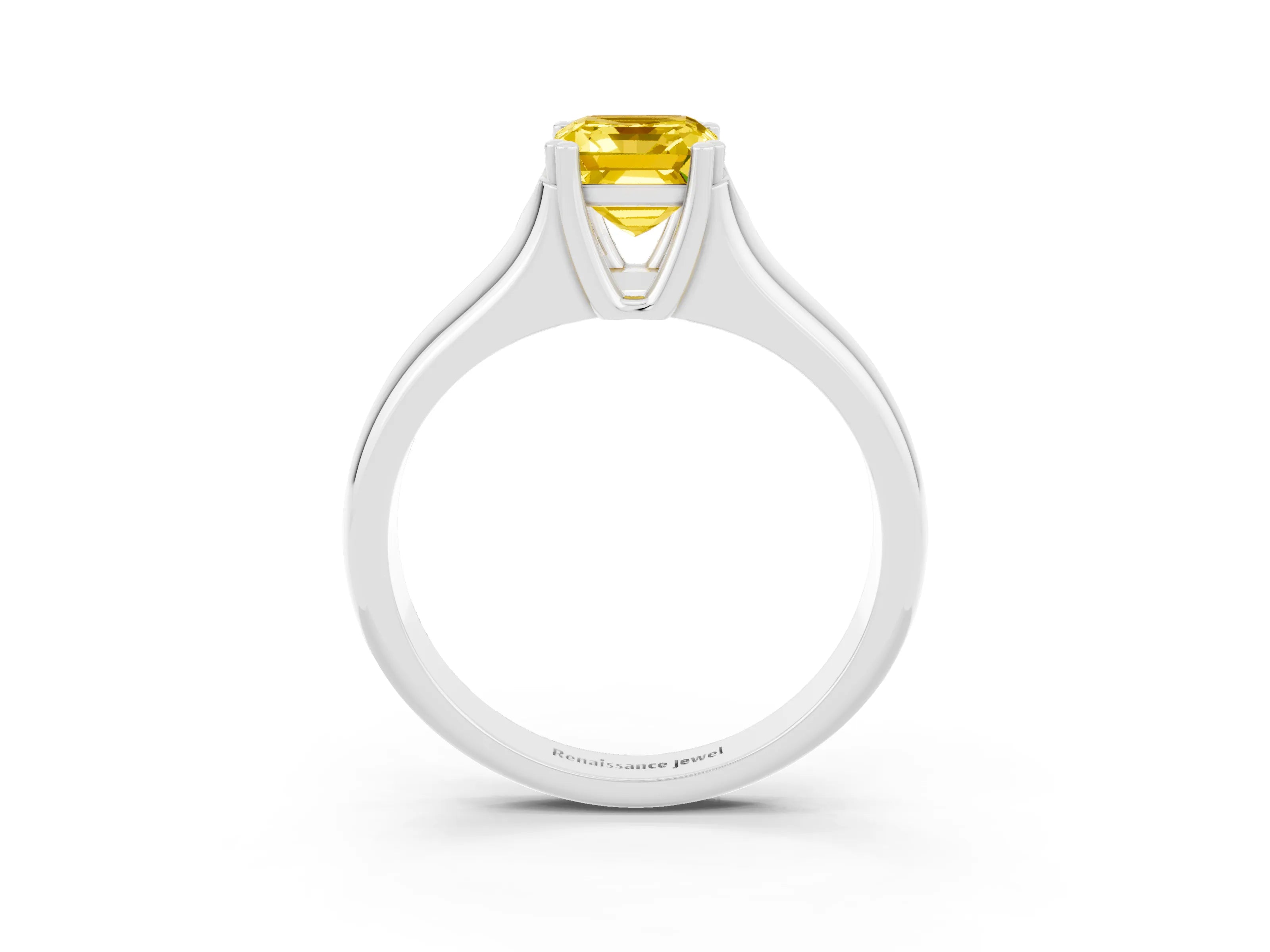 White gold Emerald Cut Yellow Sapphire Solitaire Ring with Wide Band and Prong Setting_27
