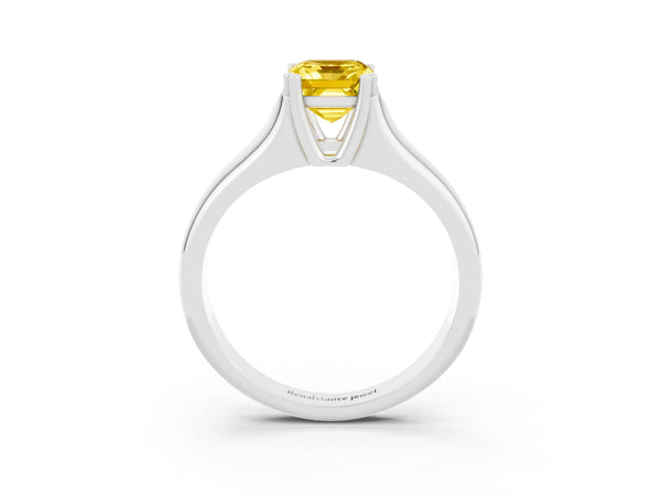 Silver Emerald Cut Yellow Sapphire Solitaire Ring with Wide Band and Prong Setting