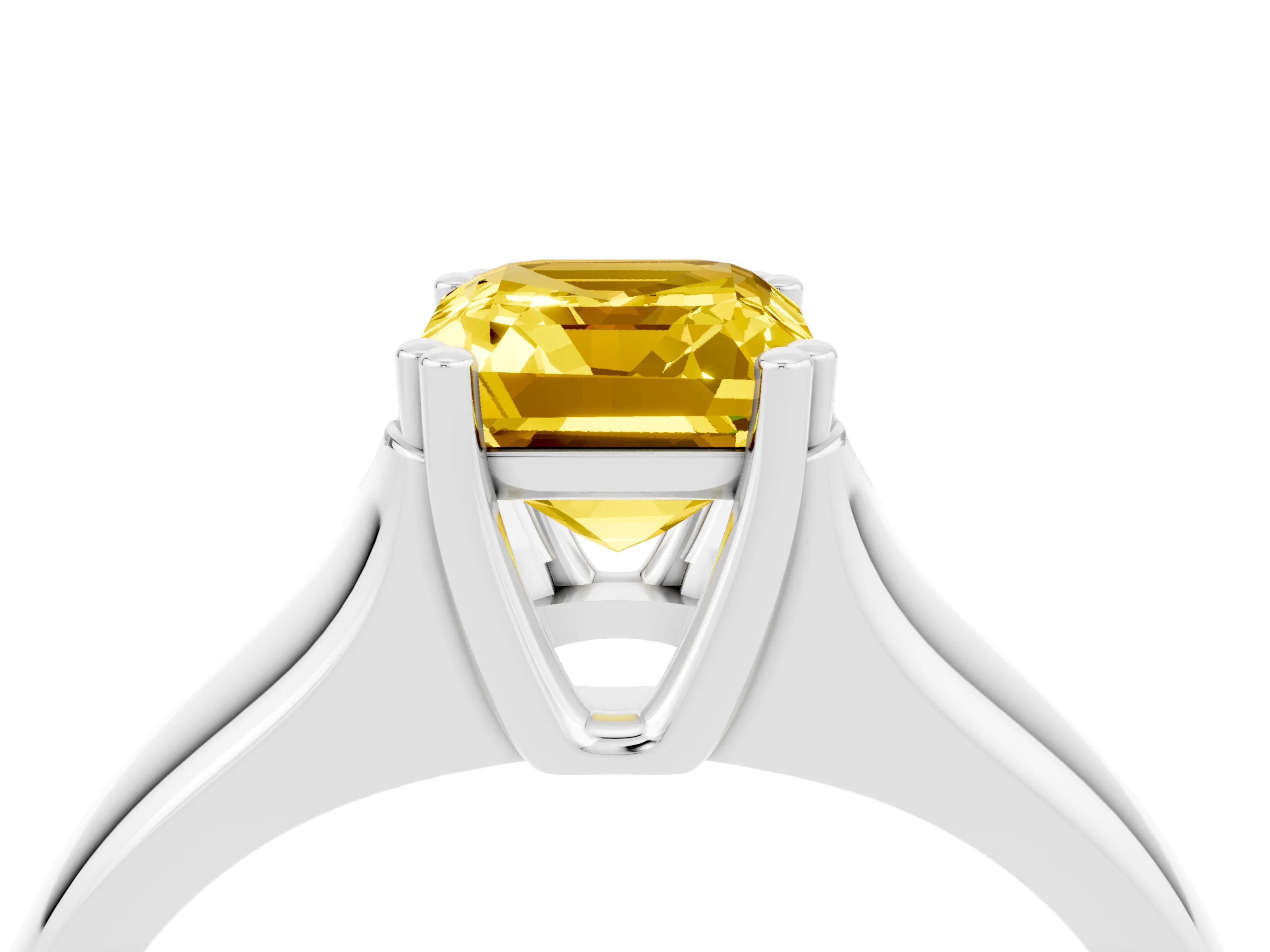 White gold Emerald Cut Yellow Sapphire Solitaire Ring with Wide Band and Prong Setting_28