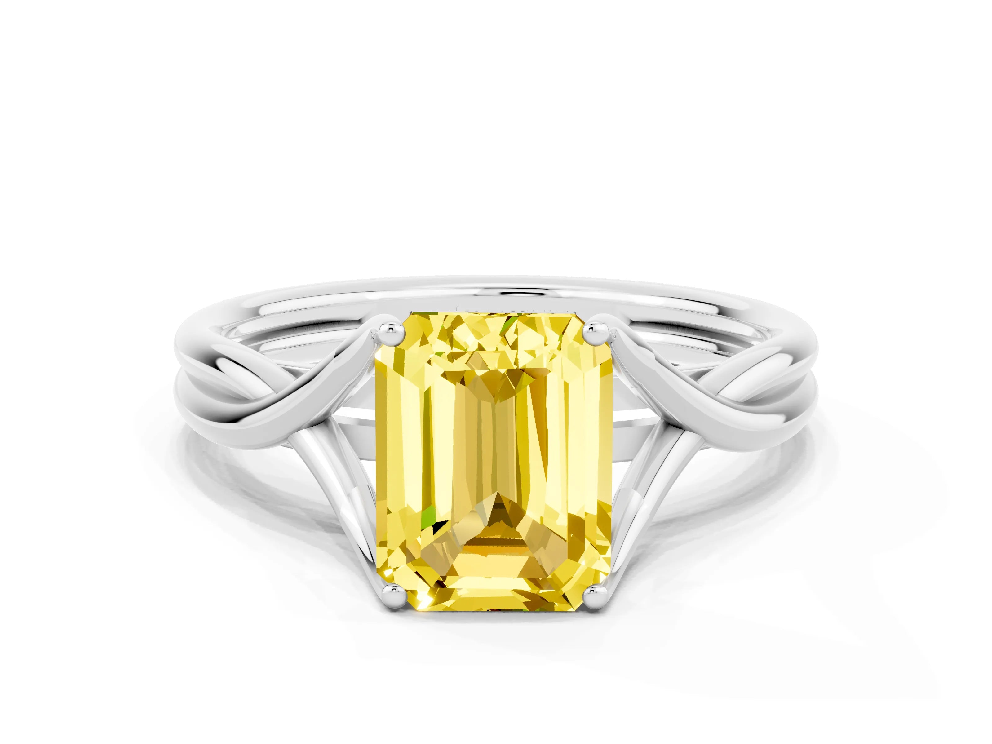 White gold Emerald Cut Yellow Sapphire Solitaire Twist Band Prong Setting Ring_114