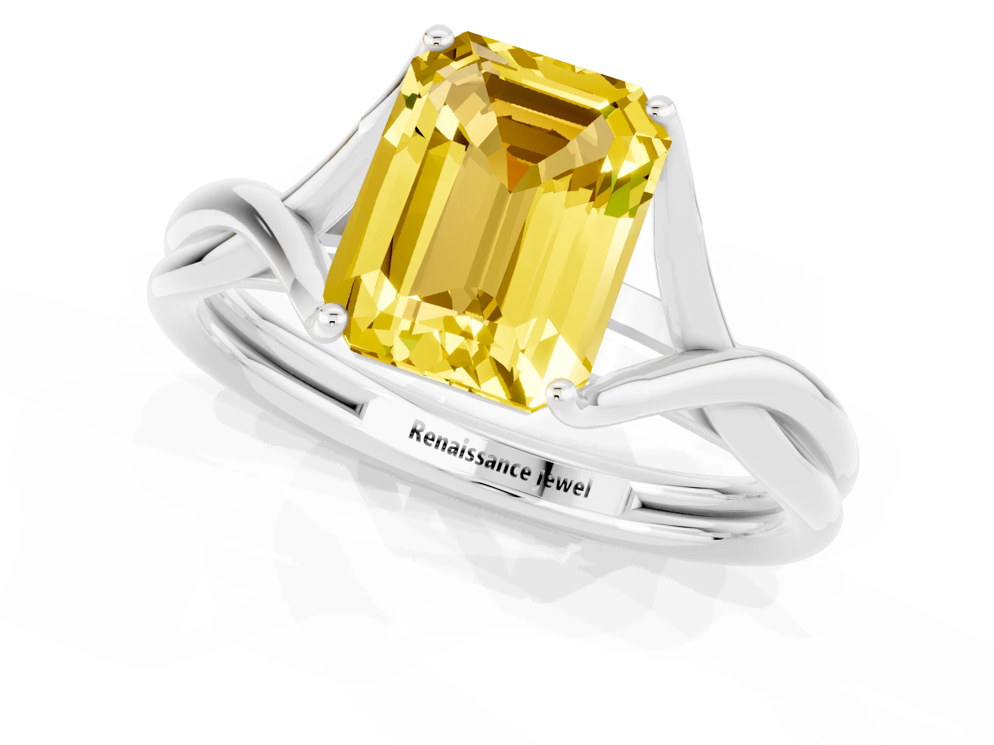 White gold Emerald Cut Yellow Sapphire Solitaire Twist Band Prong Setting Ring_115