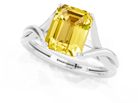 White gold Emerald Cut Yellow Sapphire Solitaire Twist Band Prong Setting Ring_115