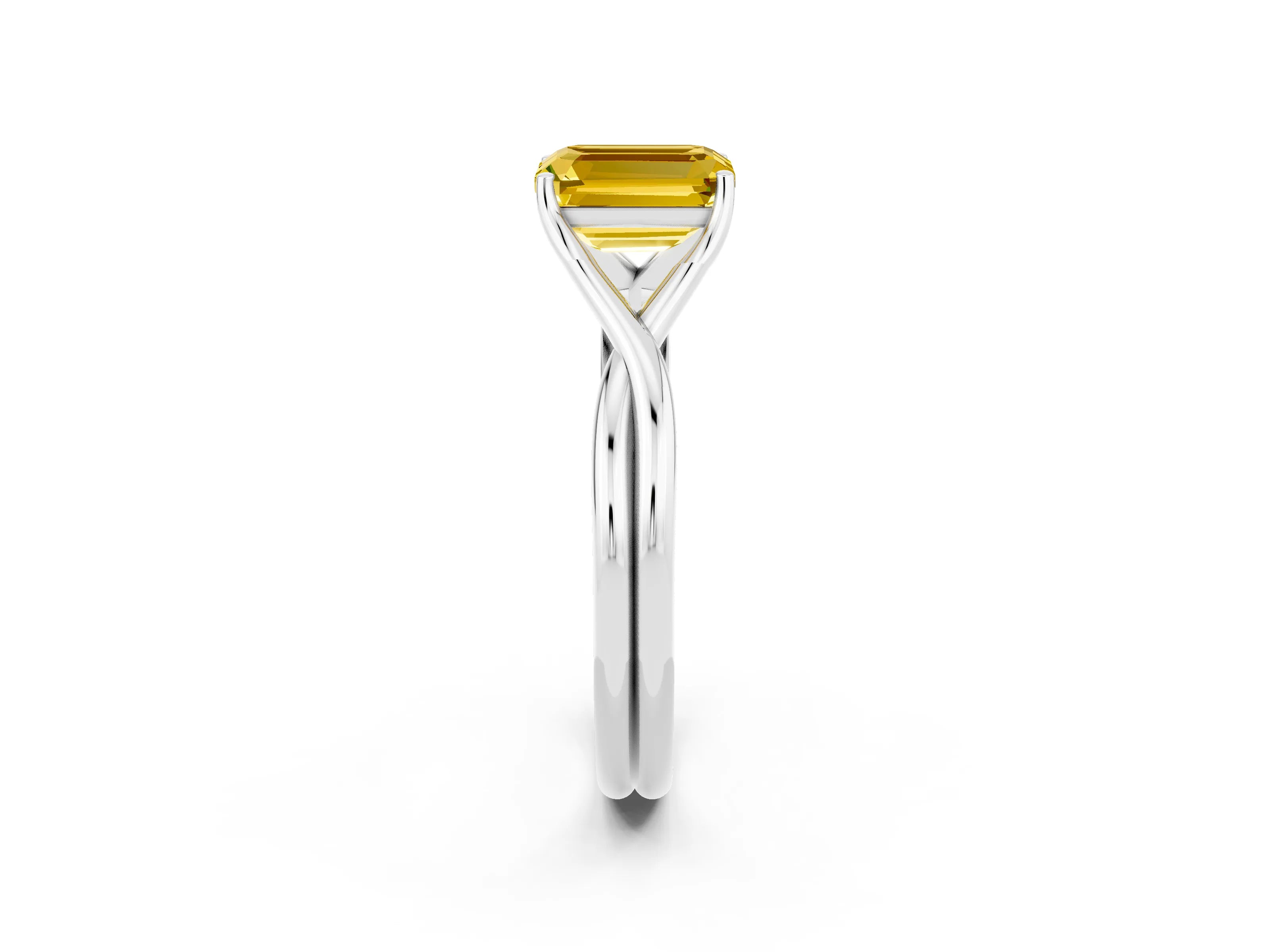 White gold Emerald Cut Yellow Sapphire Solitaire Twist Band Prong Setting Ring_116