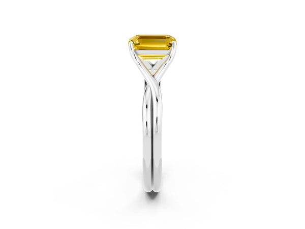 Silver Emerald Cut Yellow Sapphire Solitaire Twist Band Prong Setting Ring
