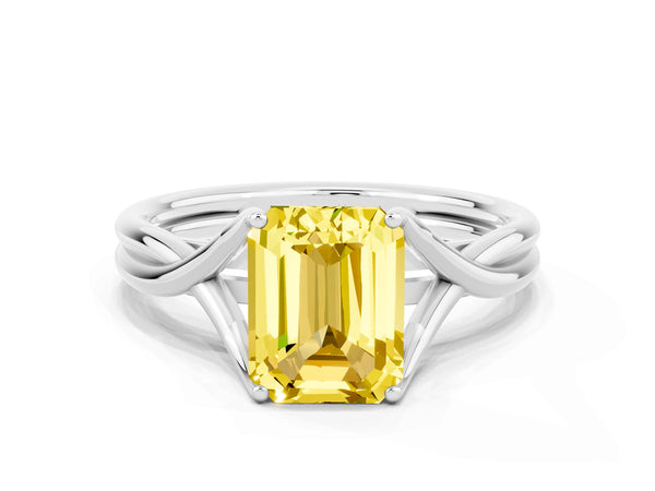 Platinum Emerald Cut Yellow Sapphire Solitaire Twist Band Prong Setting Ring