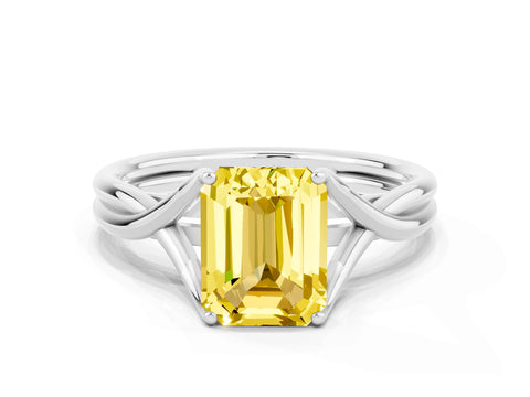 White gold Emerald Cut Yellow Sapphire Solitaire Twist Band Prong Setting Ring_119