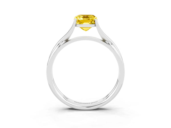 Platinum Emerald Cut Yellow Sapphire Solitaire Twist Band Prong Setting Ring