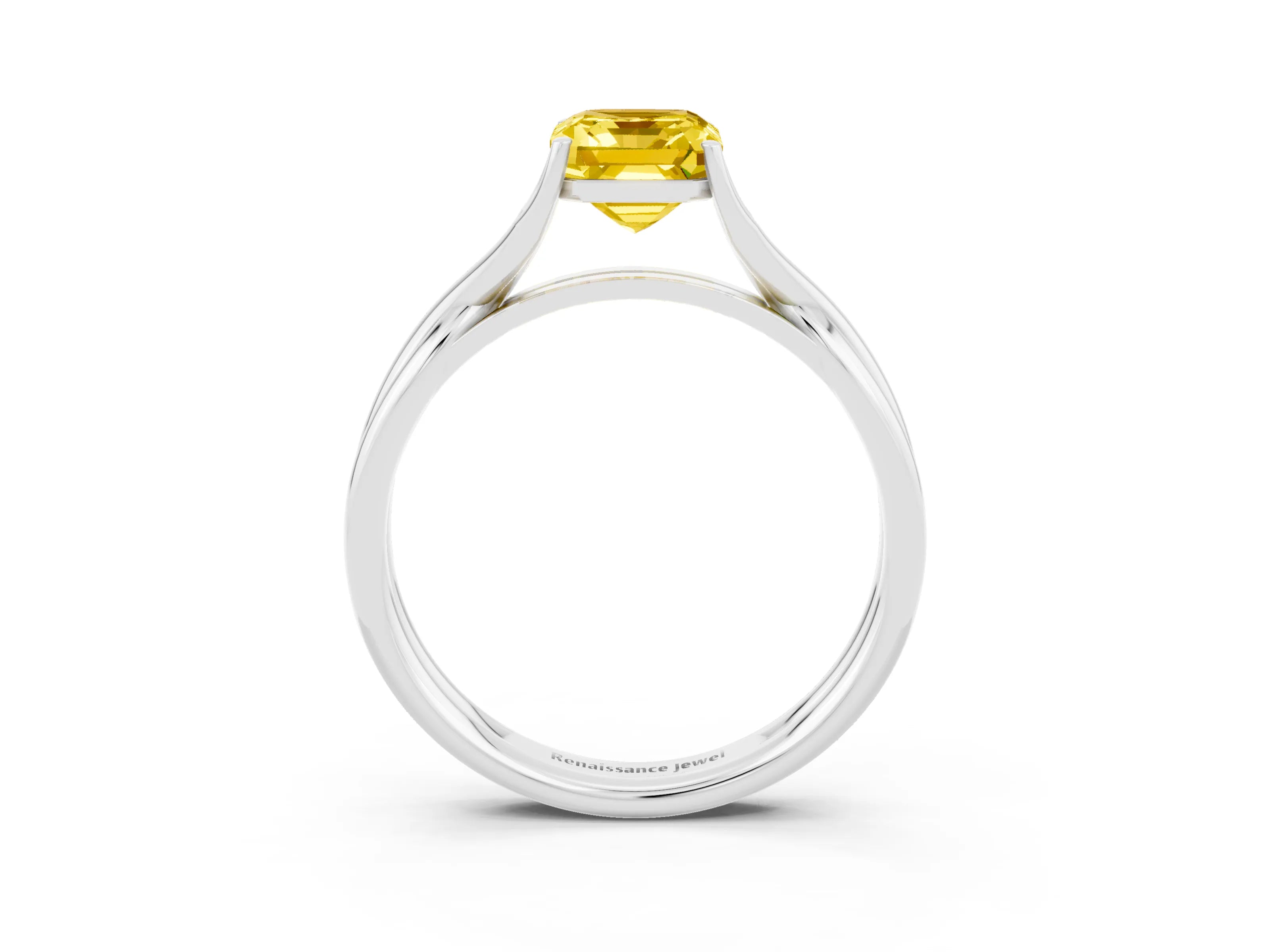 White gold Emerald Cut Yellow Sapphire Solitaire Twist Band Prong Setting Ring_39