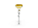White gold Emerald Cut Yellow Sapphire Solitaire Twisted Band with Round  Accents and Prong Setting_26