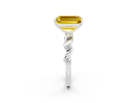White gold Emerald Cut Yellow Sapphire Solitaire Twisted Band with Round  Accents and Prong Setting_26