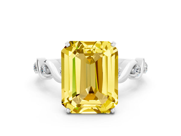 Silver Emerald Cut Yellow Sapphire Solitaire Twisted Band with Round  Accents and Prong Setting