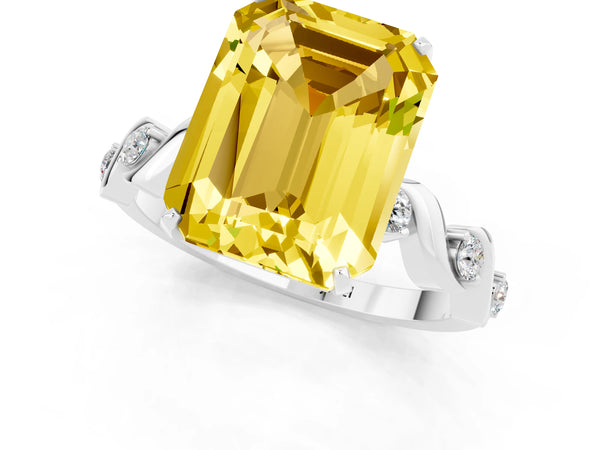 Silver Emerald Cut Yellow Sapphire Solitaire Twisted Band with Round  Accents and Prong Setting