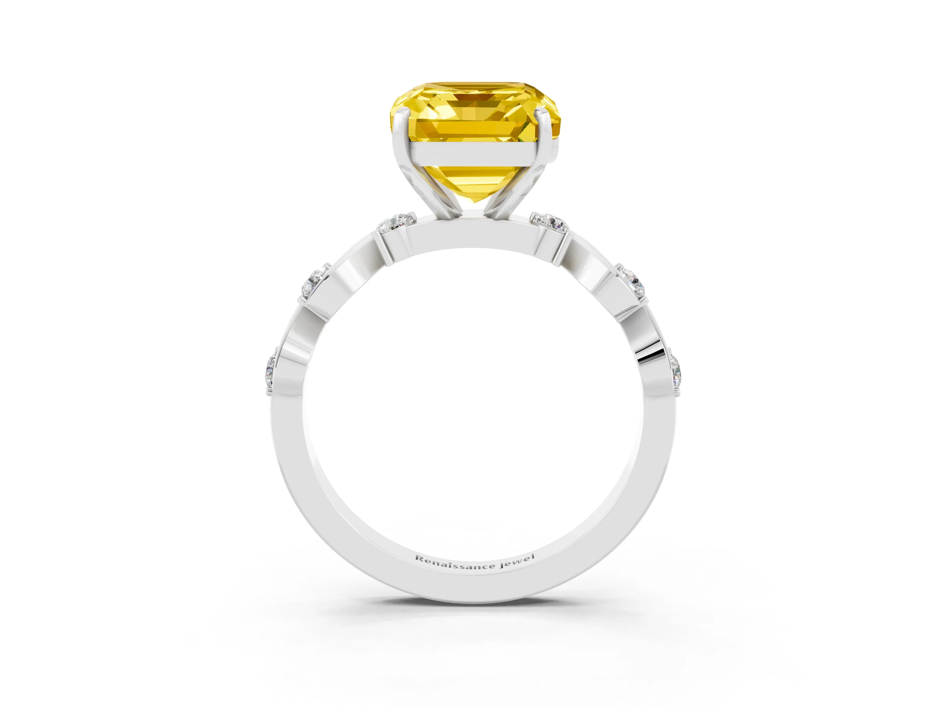 White gold Emerald Cut Yellow Sapphire Solitaire Twisted Band with Round  Accents and Prong Setting_32