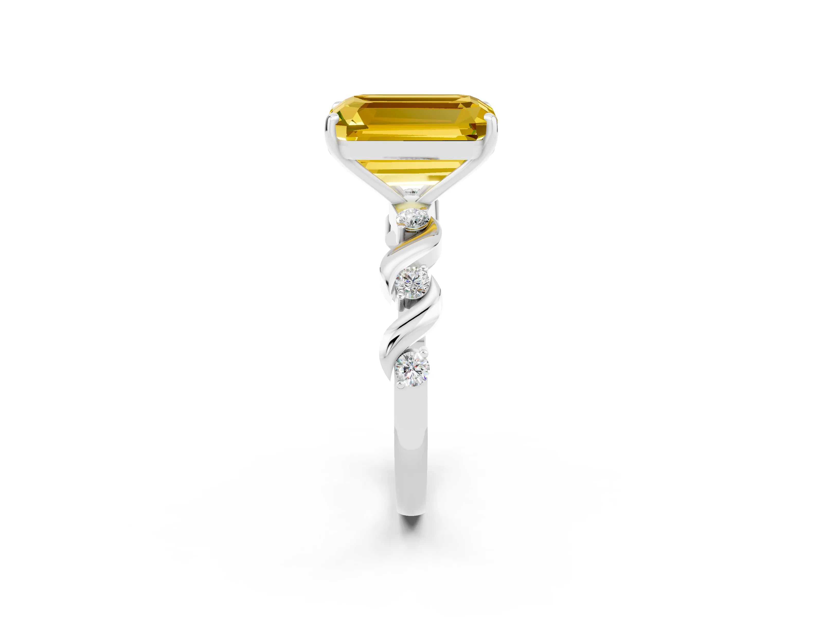 White gold Emerald Cut Yellow Sapphire Solitaire Twisted Band with Round  Accents and Prong Setting_32