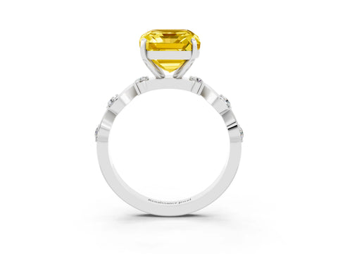White gold Emerald Cut Yellow Sapphire Solitaire Twisted Band with Round  Accents and Prong Setting_33