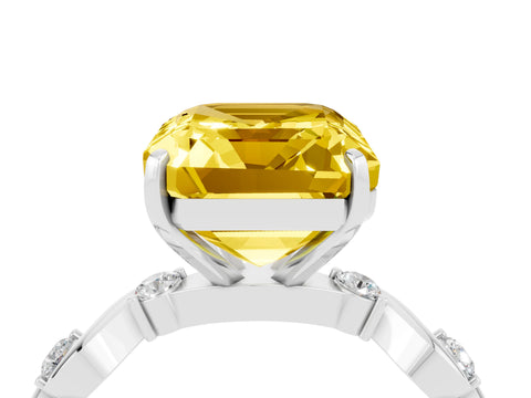 White gold Emerald Cut Yellow Sapphire Solitaire Twisted Band with Round  Accents and Prong Setting_33