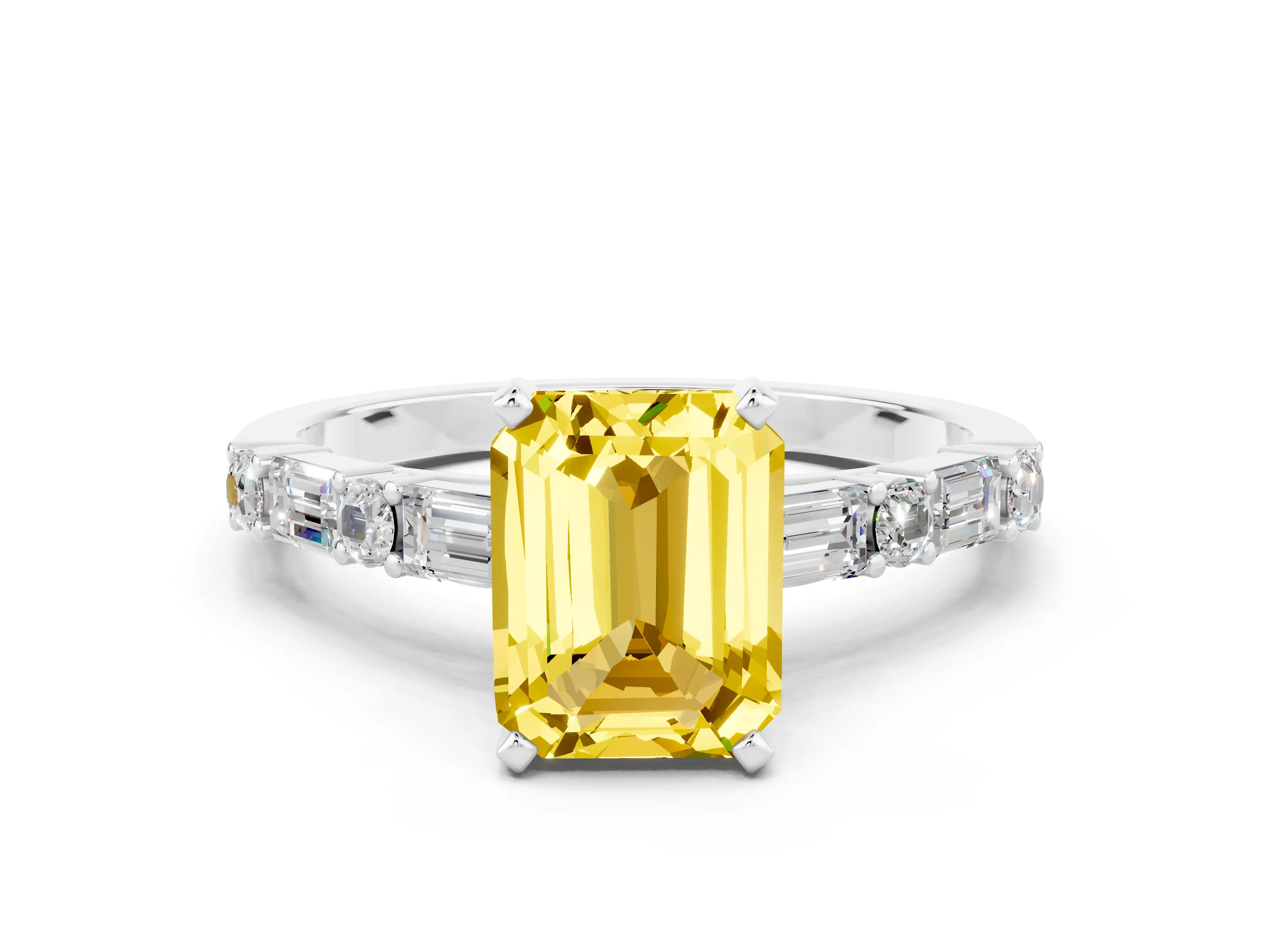 White gold Emerald Cut Yellow Sapphire Solitaire with Side Baguettes and Channel Set Band_24