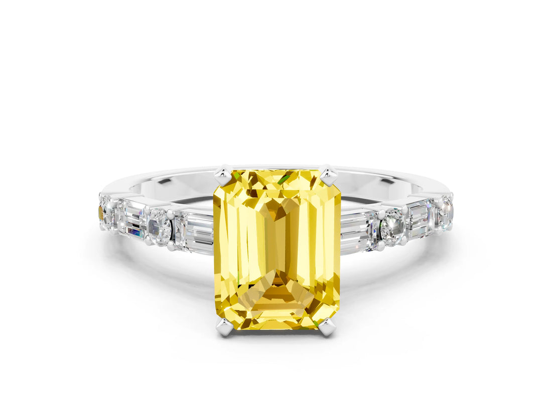 White gold Emerald Cut Yellow Sapphire Solitaire with Side Baguettes and Channel Set Band_24