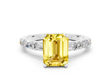 White gold Emerald Cut Yellow Sapphire Solitaire with Side Baguettes and Channel Set Band_24
