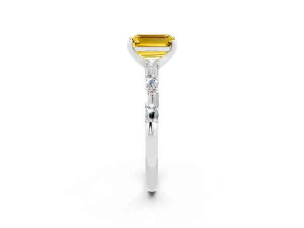 Platinum Emerald Cut Yellow Sapphire Solitaire with Side Baguettes and Channel Set Band