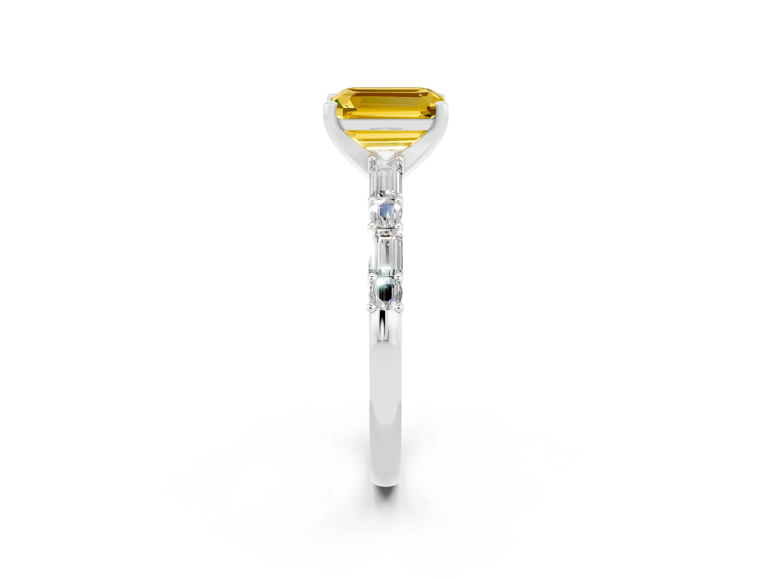 White gold Emerald Cut Yellow Sapphire Solitaire with Side Baguettes and Channel Set Band_26