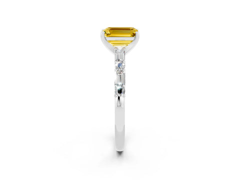 White gold Emerald Cut Yellow Sapphire Solitaire with Side Baguettes and Channel Set Band_26